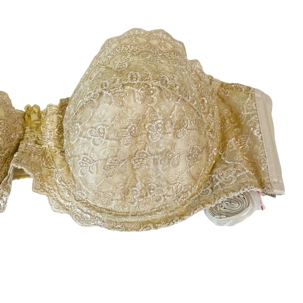 Rene‎ Rolfe Strapless Bra 44D Balconette Floral Lace Gold Detachable Straps